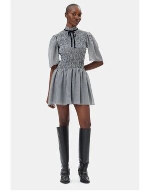 Ganni sheer fluid Gingham Smocked Minidress (38)